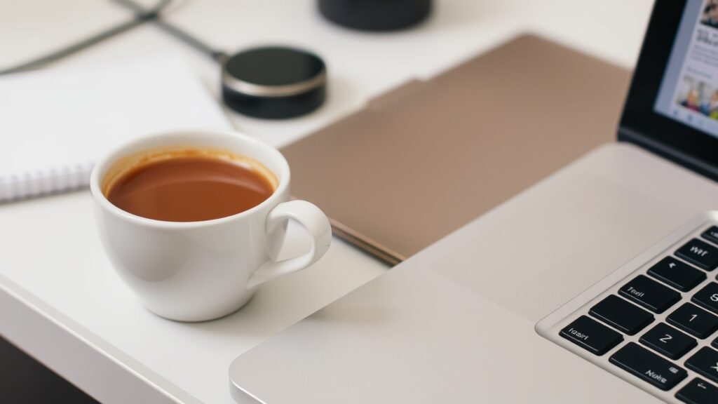 Kubek kawy stoi obok laptopa, tworząc przytulne środ