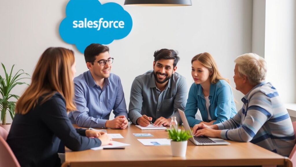 Zespół zebrał się wokół stołu, omawiając strategie Salesforce.