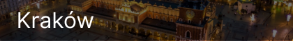 Napis 'Kraków' umieszczony na tle oświetlonego nocnego widoku miasta.